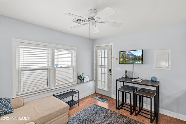 living room with wood-type flooring and ceiling fan