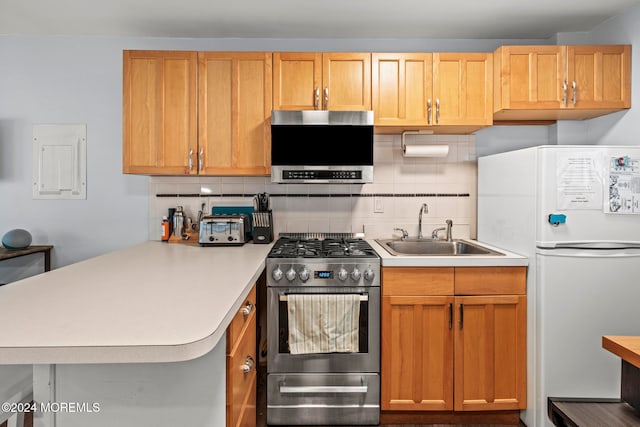 kitchen featuring kitchen peninsula, stainless steel appliances, sink, and backsplash