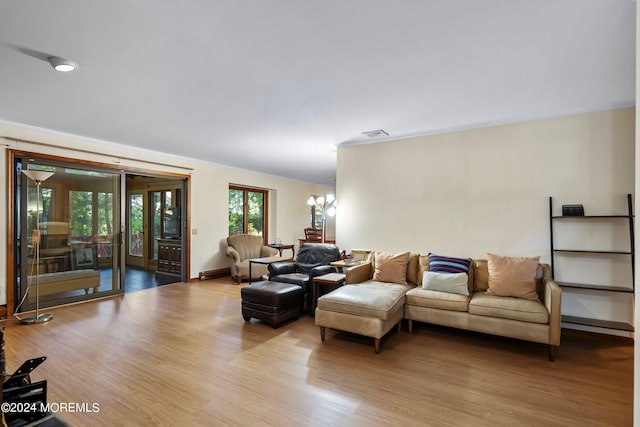 living room featuring a notable chandelier and light wood-type flooring