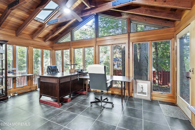 sunroom with wood ceiling, lofted ceiling with skylight, and a healthy amount of sunlight