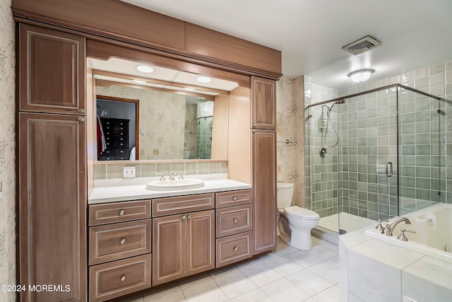 full bathroom with vanity, toilet, tile patterned floors, and plus walk in shower