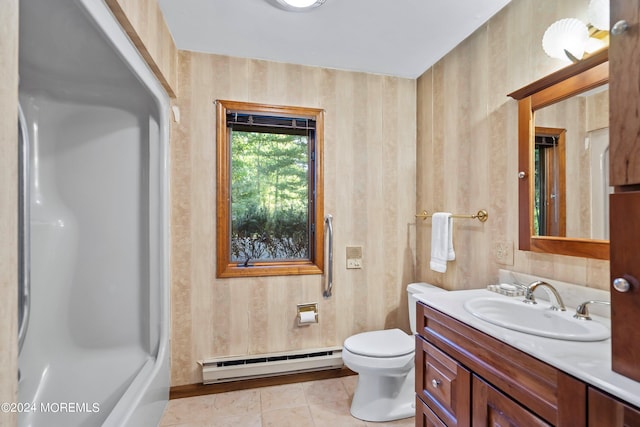 bathroom with a baseboard radiator, toilet, vanity, a shower, and tile patterned flooring