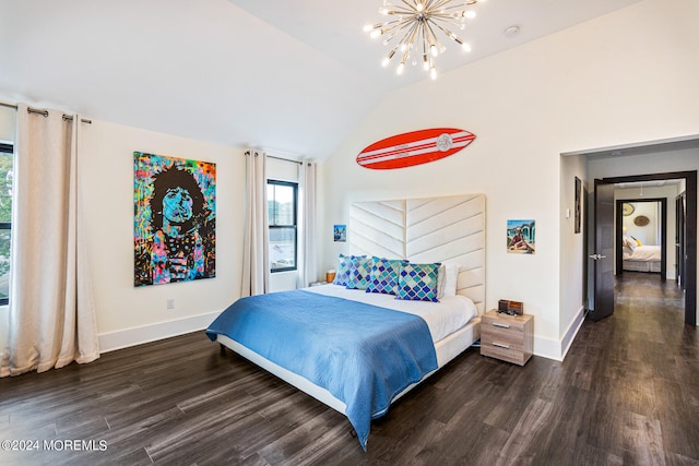 bedroom featuring lofted ceiling, a notable chandelier, and dark hardwood / wood-style flooring