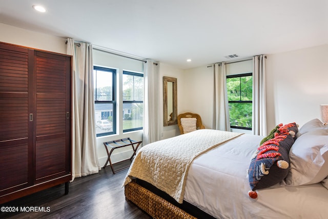 bedroom featuring dark wood-type flooring and multiple windows