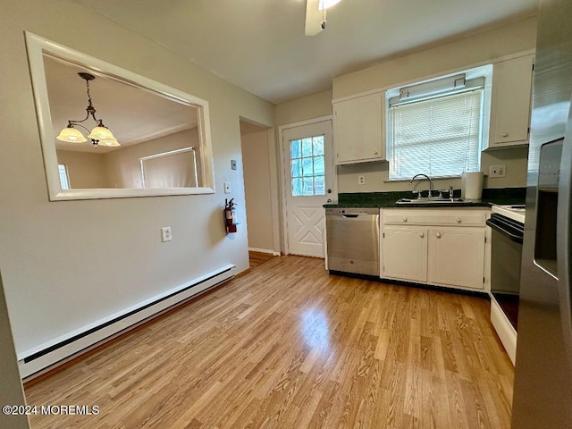 kitchen featuring baseboard heating, sink, dishwasher, and white cabinetry