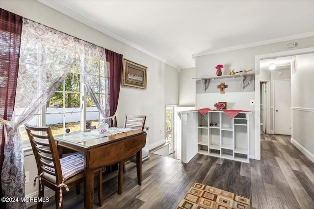 dining area featuring ornamental molding and dark wood-type flooring