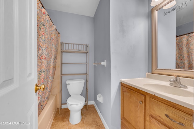 full bathroom featuring shower / bathtub combination with curtain, vanity, toilet, and tile patterned flooring