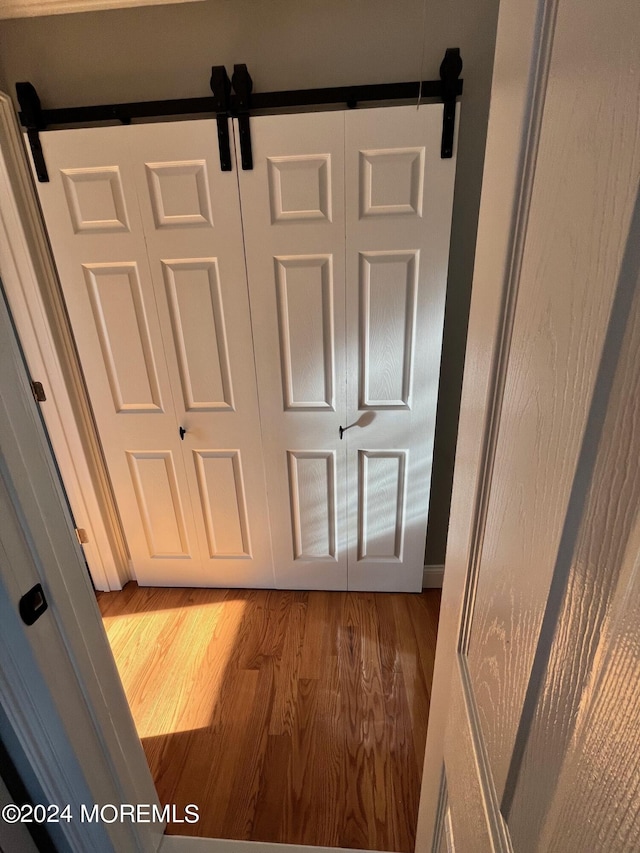 interior details featuring a barn door and wood finished floors