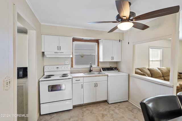204 19th Ave, Belmar, NJ 07719 - kitchen featuring electric stove, washer / clothes dryer, under cabinet range hood, white cabinetry, and crown molding