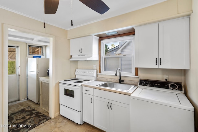 204 19th Ave, Belmar, NJ 07719 - kitchen featuring washer / clothes dryer, white appliances, under cabinet range hood, white cabinets, and light countertops