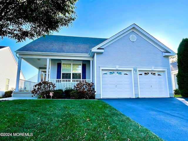 view of front of home with a porch, a front lawn, and a garage