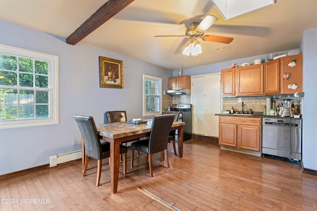 dining area featuring beam ceiling, ceiling fan, light hardwood / wood-style floors, baseboard heating, and sink