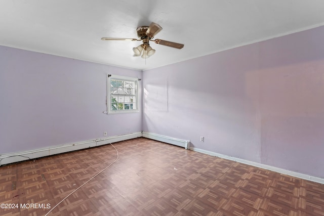 unfurnished room featuring ceiling fan and dark parquet floors