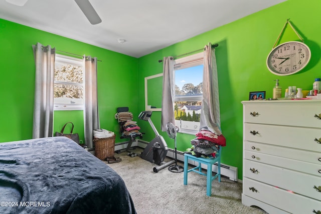 bedroom with light carpet and ceiling fan