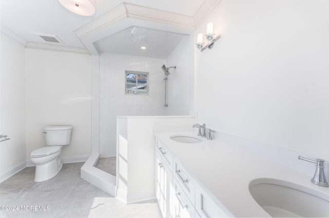 bathroom with toilet, tiled shower, double vanity, baseboards, and marble finish floors