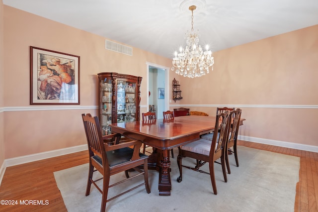 dining area featuring hardwood / wood-style floors and a chandelier