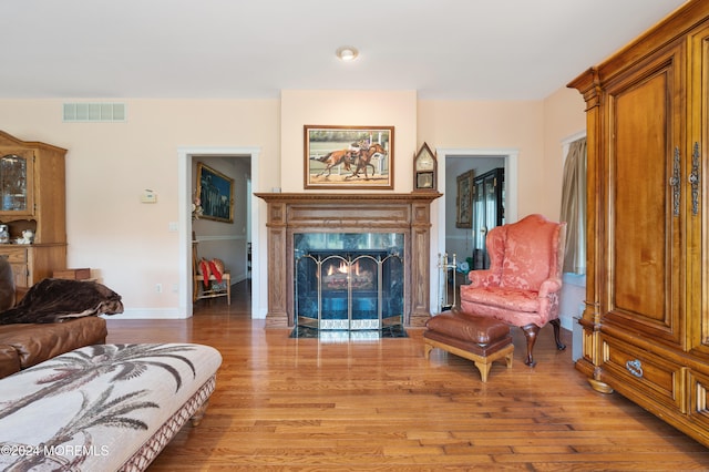 interior space featuring light hardwood / wood-style flooring and a fireplace