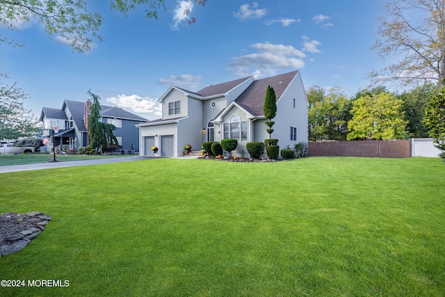 front facade featuring a garage and a front lawn