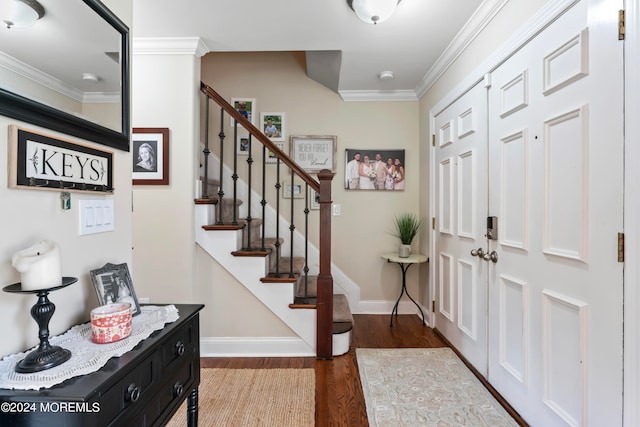 foyer entrance featuring dark wood-type flooring and crown molding