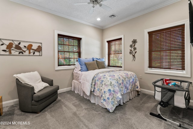 bedroom with carpet flooring, multiple windows, and ceiling fan