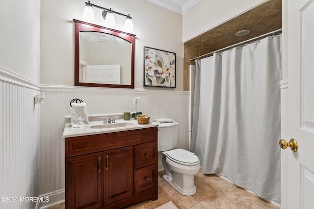 bathroom featuring tile patterned floors, toilet, crown molding, curtained shower, and vanity