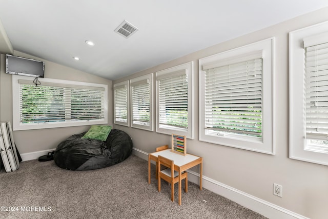 sitting room featuring carpet, vaulted ceiling, and plenty of natural light