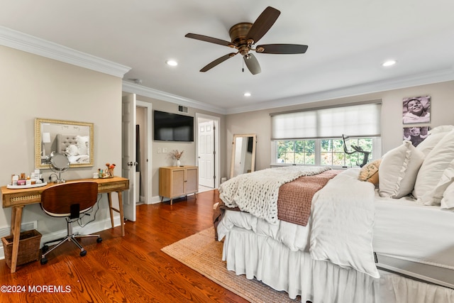 bedroom with ceiling fan, crown molding, and dark hardwood / wood-style flooring