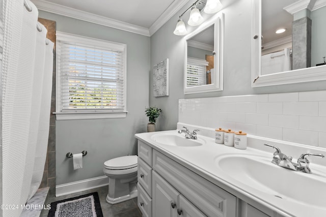 bathroom featuring toilet, decorative backsplash, ornamental molding, and vanity