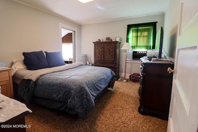 carpeted bedroom with radiator heating unit