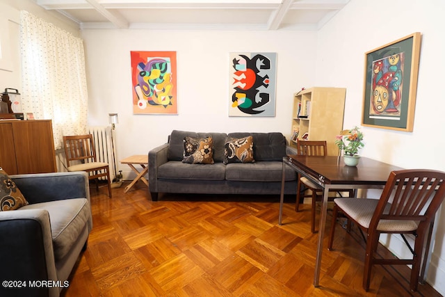 living room featuring parquet flooring, coffered ceiling, beam ceiling, and radiator heating unit