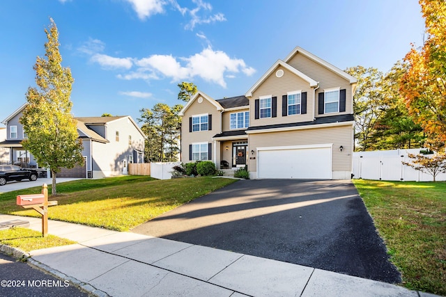 view of front of house with a front lawn and a garage