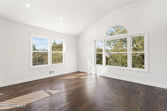 spare room featuring high vaulted ceiling and dark hardwood / wood-style flooring