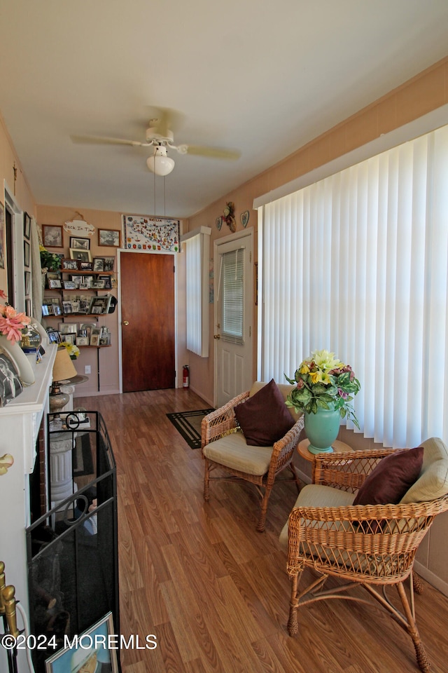 interior space featuring a healthy amount of sunlight, ceiling fan, and hardwood / wood-style flooring