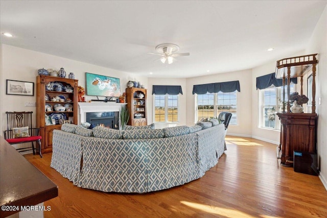 living room featuring hardwood / wood-style floors and ceiling fan