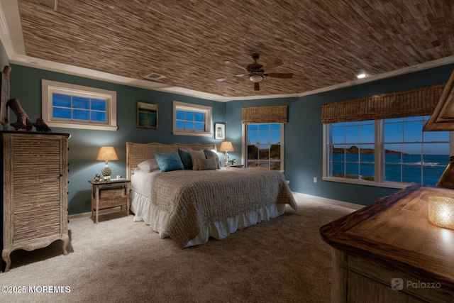 bedroom with ceiling fan, a water view, ornamental molding, and wood ceiling