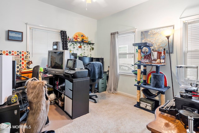 carpeted office with ceiling fan and plenty of natural light