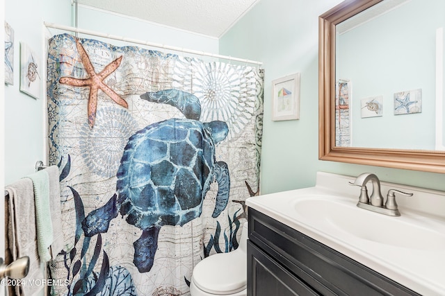 bathroom with vanity, a textured ceiling, and toilet