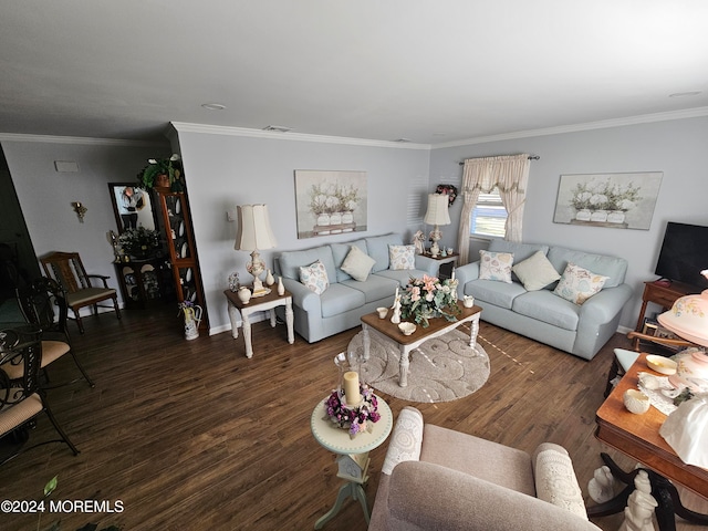 living room with ornamental molding and dark wood-type flooring