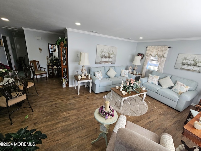 living room featuring ornamental molding and dark hardwood / wood-style flooring