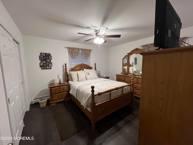 bedroom featuring dark hardwood / wood-style flooring, a closet, and ceiling fan