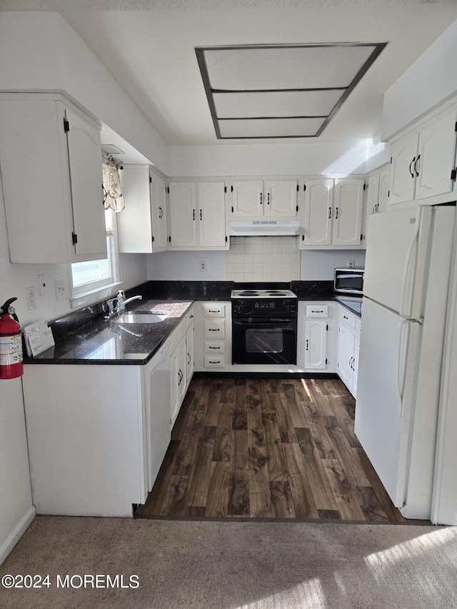 kitchen with dark hardwood / wood-style flooring, black / electric stove, white cabinets, and white refrigerator