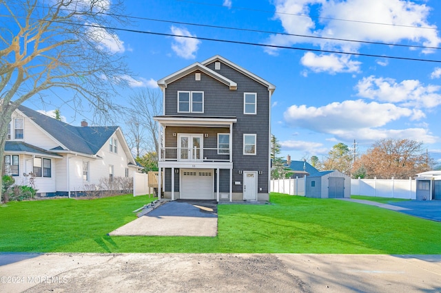 view of front of property with a storage unit, a balcony, a garage, and a front lawn