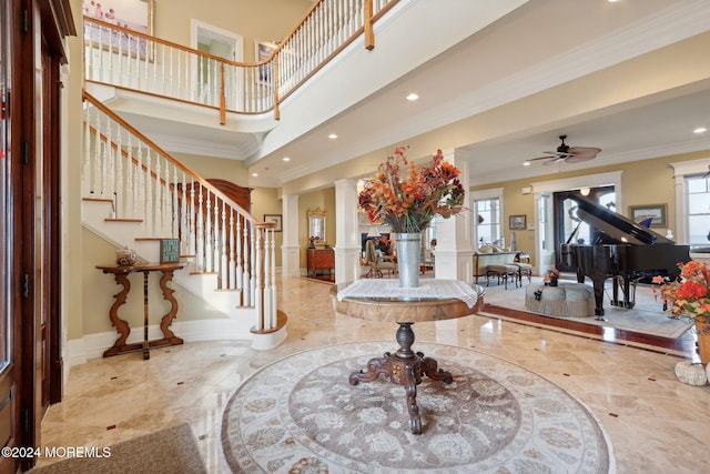 1805 Ocean Ave, Spring Lake, NJ 07762 - entryway with ornate columns, crown molding, plenty of natural light, recessed lighting, and a high ceiling