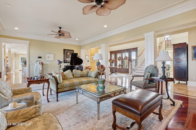 1805 Ocean Ave, Spring Lake, NJ 07762 - living room with a ceiling fan, stairway, recessed lighting, wood finished floors, and baseboards