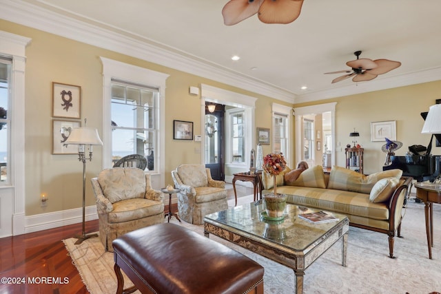 1805 Ocean Ave, Spring Lake, NJ 07762 - living room featuring ceiling fan, wood finished floors, ornamental molding, baseboards, and recessed lighting