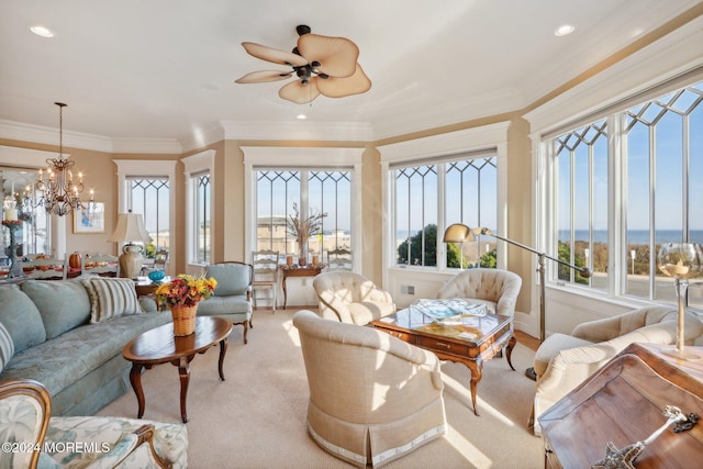 1805 Ocean Ave, Spring Lake, NJ 07762 - carpeted living room featuring healthy amount of natural light, a chandelier, a ceiling fan, recessed lighting, and crown molding