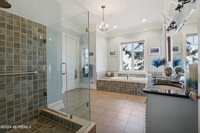 1805 Ocean Ave, Spring Lake, NJ 07762 - bathroom featuring a garden tub, a stall shower, tile patterned floors, vanity, and ornamental molding