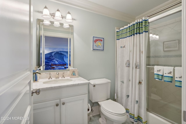 full bathroom with vanity, crown molding, shower / bath combination with curtain, and toilet