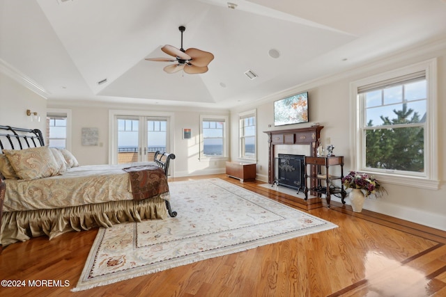 bedroom with light hardwood / wood-style flooring, a raised ceiling, multiple windows, and ceiling fan