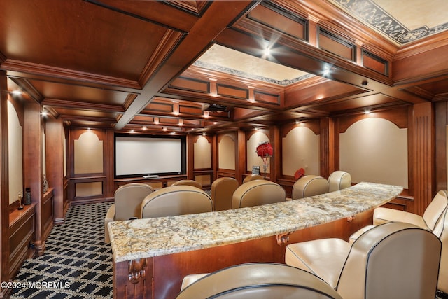 1805 Ocean Ave, Spring Lake, NJ 07762 - cinema room with a decorative wall, dark colored carpet, coffered ceiling, beam ceiling, and crown molding